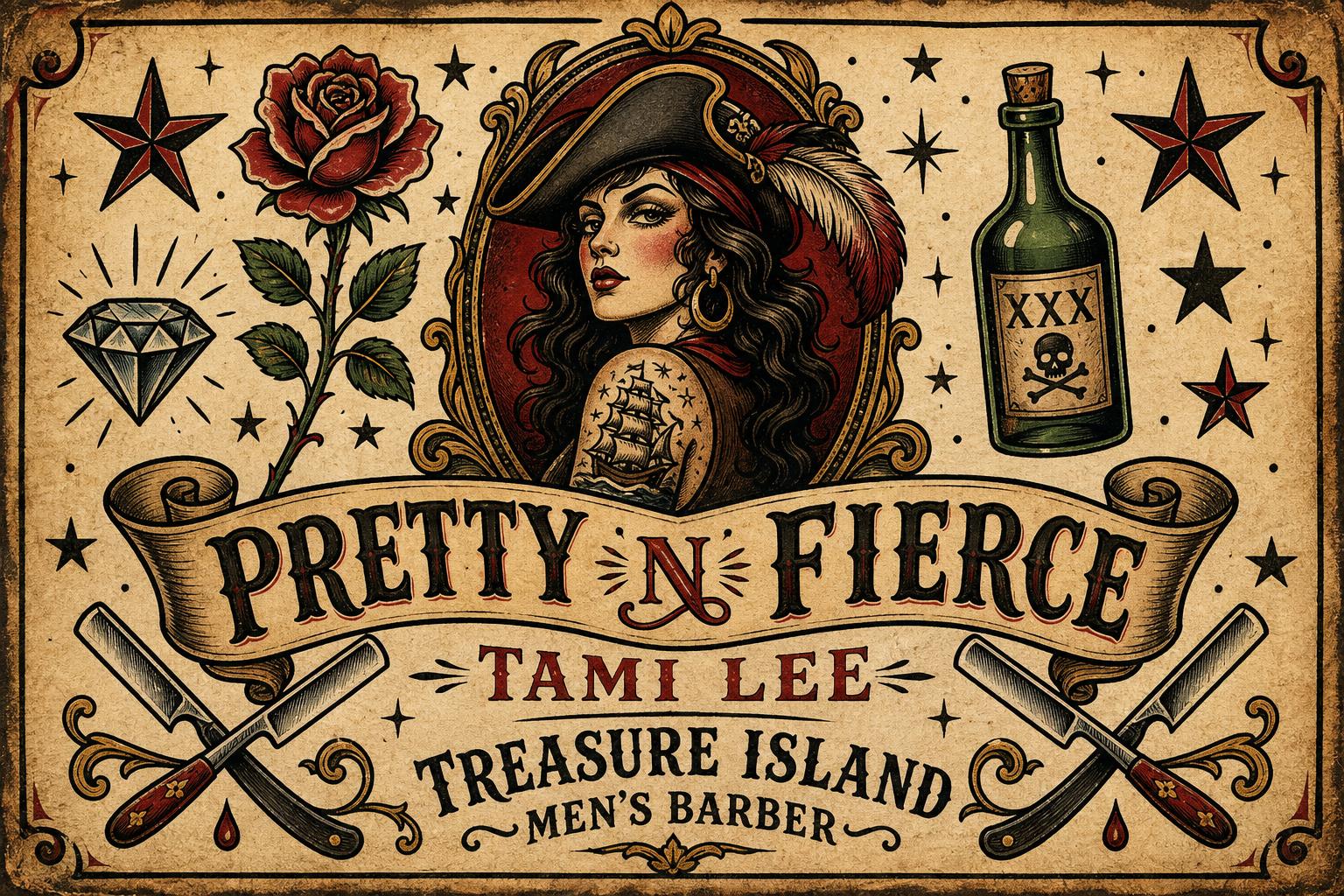 PrettyNFierce vintage pirate tattoo flash poster — pirate woman, rose, dagger, diamond, bottle
